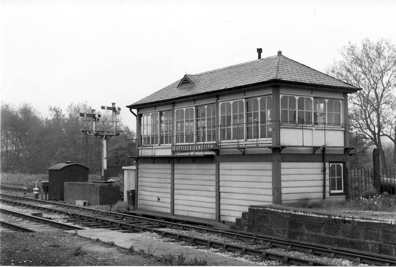 Duffield Junction signal box taken from the island platform looking at the front of the box